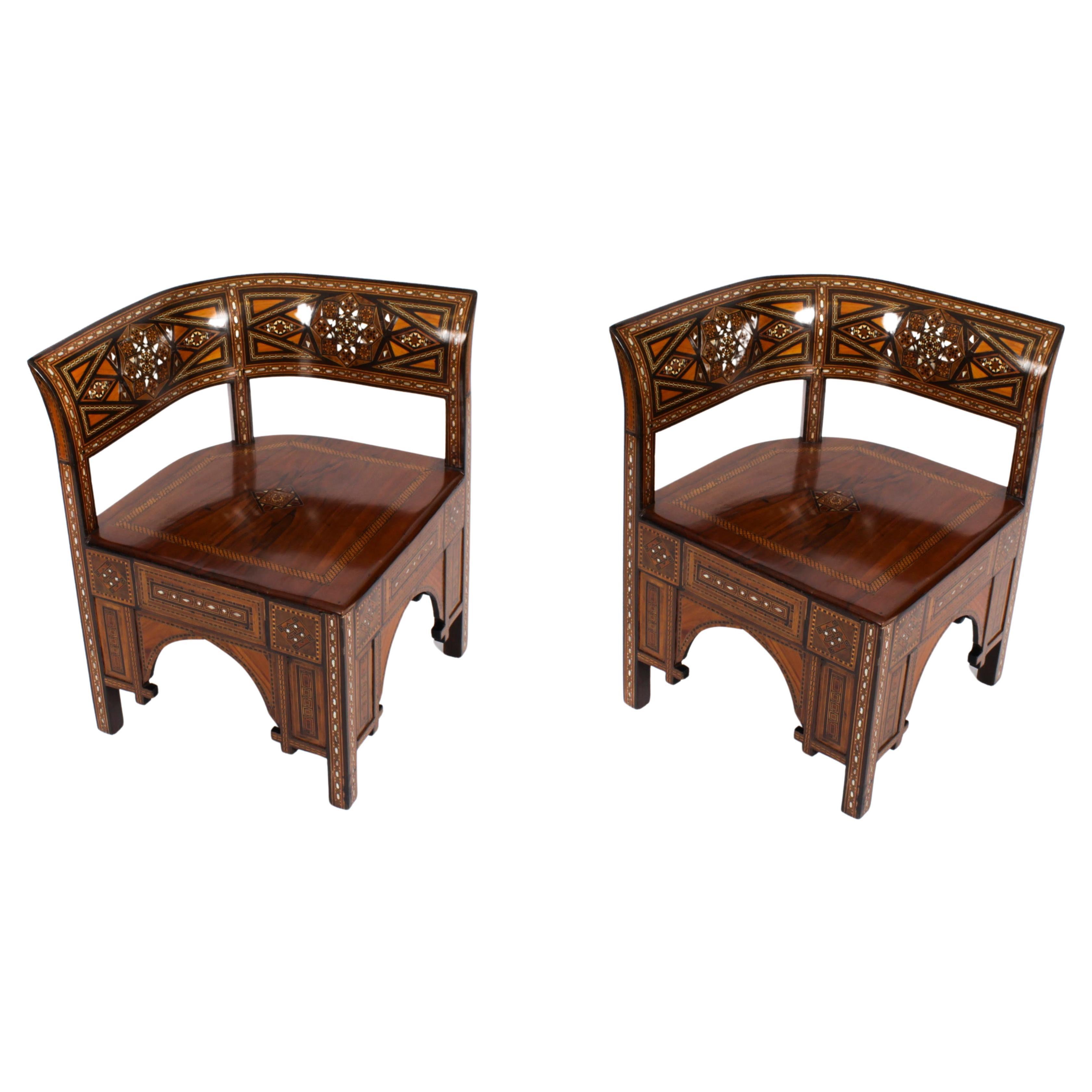 Antique Pair of Syrian Parquetry Inlaid Armchairs C1900 For Sale