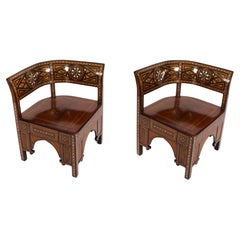 Antique Pair of Syrian Parquetry Inlaid Armchairs C1900