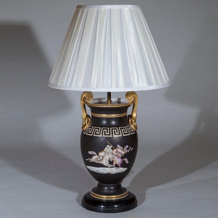 Antique Pair of Table Lamps, Black and Gold with Greek Key Frieze For