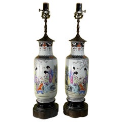 Antiguo Par De Lámparas De Mesa Chinoiserie Jarrones De Porcelana Recién Hechos  Electrificado
