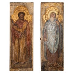 Antique Pair of Tall Icons on Wood Panel circa 1800s, Saint Bartholomew and Sai