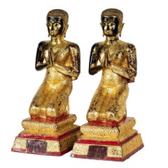 Antique Pair of Thai Gilt Bronze Figures of Kneeling Buddhist Monks