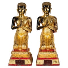 Antique Pair of Thai Gilt Bronze Figures of Kneeling Buddhist Monks
