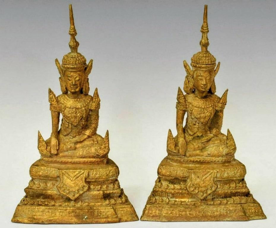 Asian Antique Pair of Thai Gilt Bronze Rattanakosin Period Buddha Sculpture