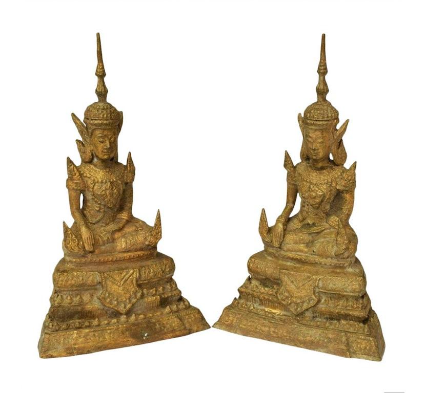 Antique Pair of Thai Gilt Bronze Rattanakosin Period Buddha Sculpture 1