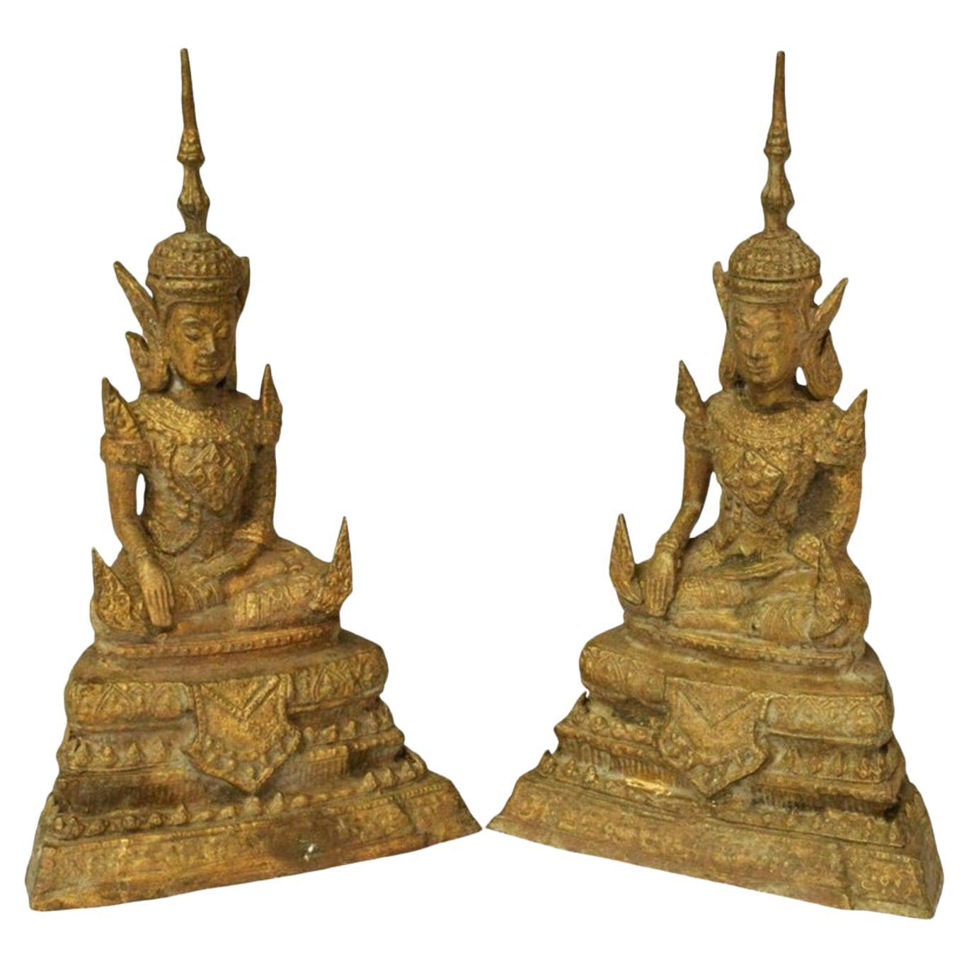 Antique Pair of Thai Gilt Bronze Rattanakosin Period Buddha Sculpture
