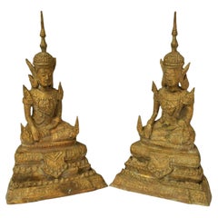 Antique Pair of Thai Gilt Bronze Rattanakosin Period Buddha Sculpture