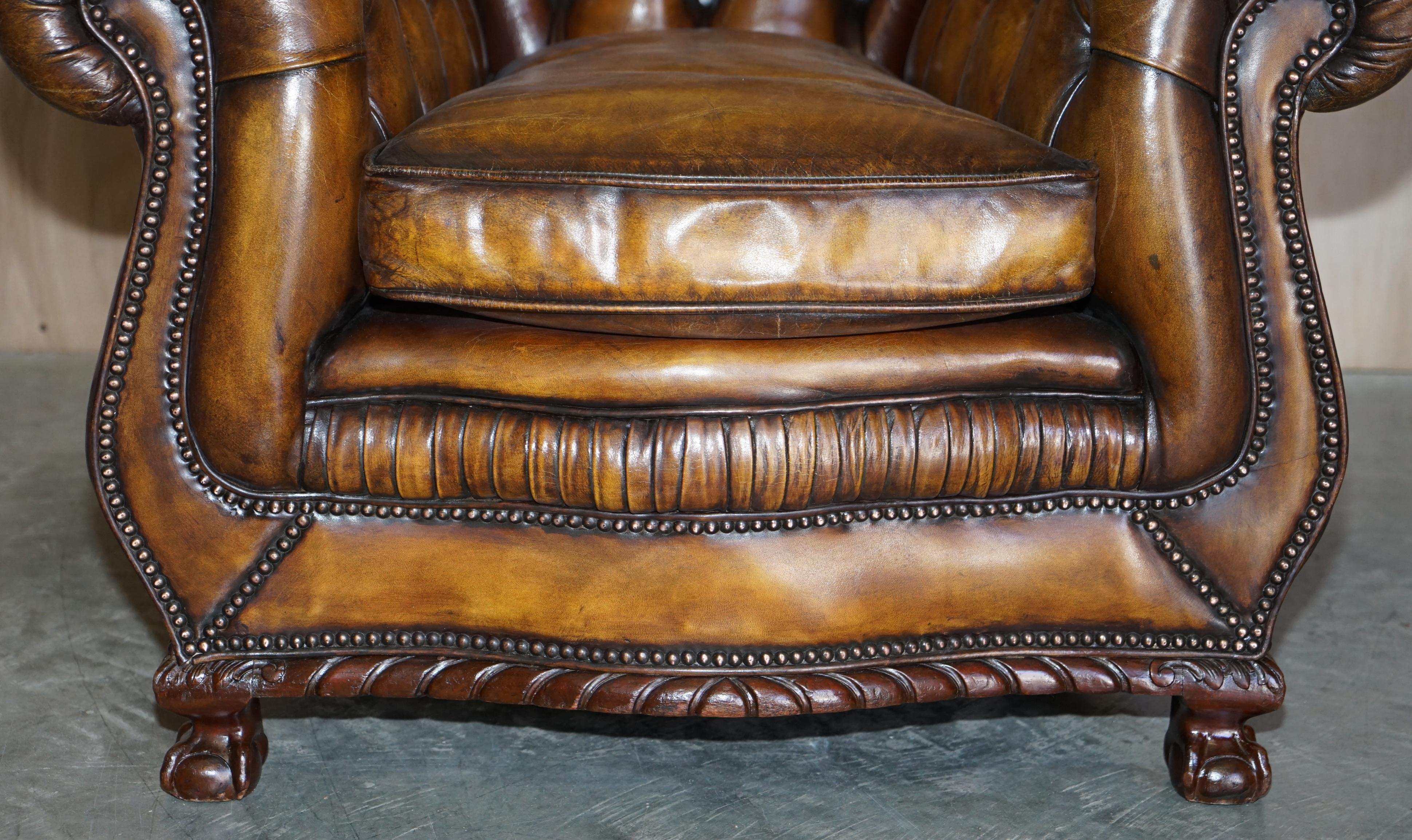 Antique Pair of Thomas Chippendale Style Chesterfield Brown Leather Armchairs For Sale 3
