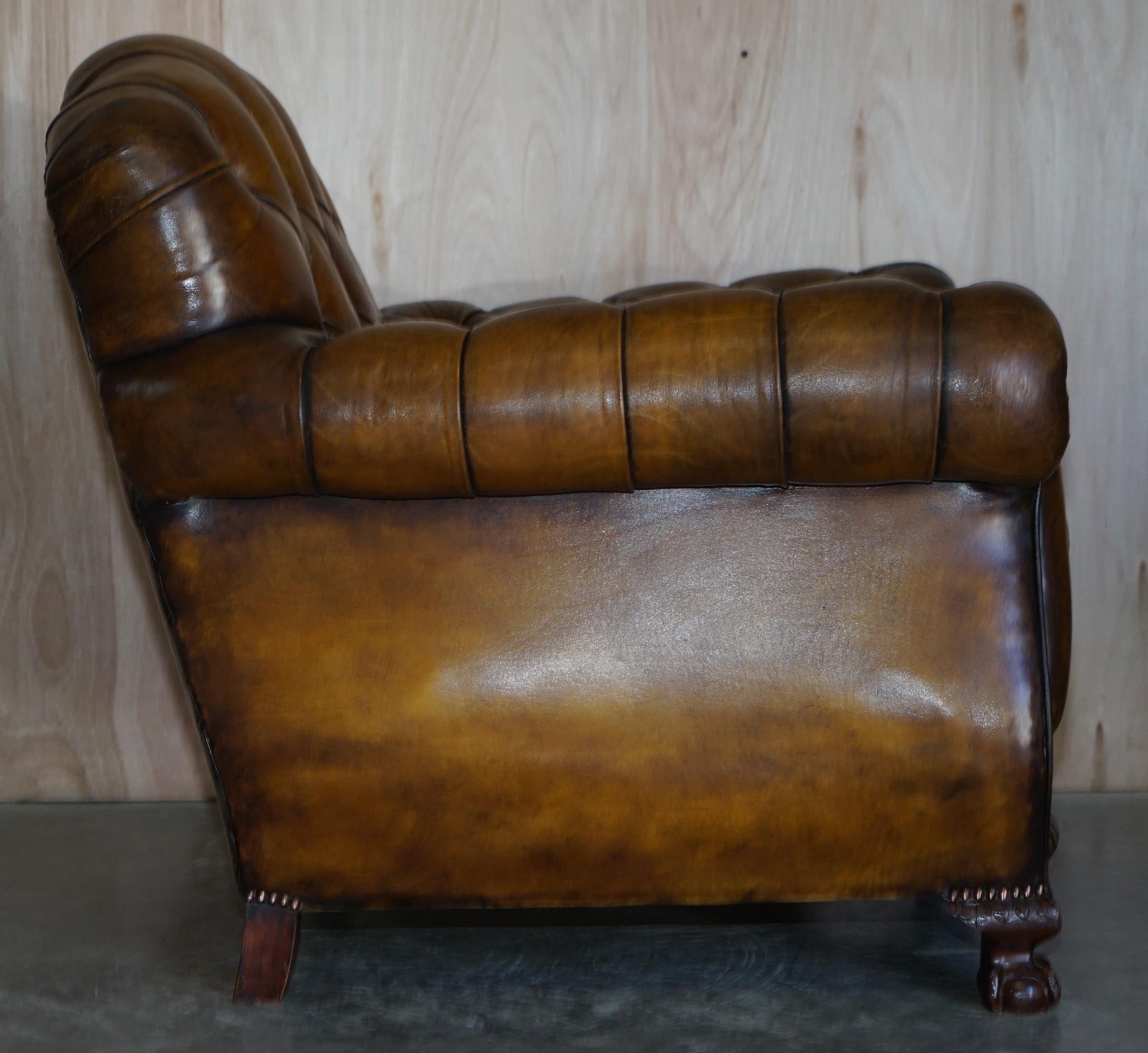 Antique Pair of Thomas Chippendale Style Chesterfield Brown Leather Armchairs For Sale 4