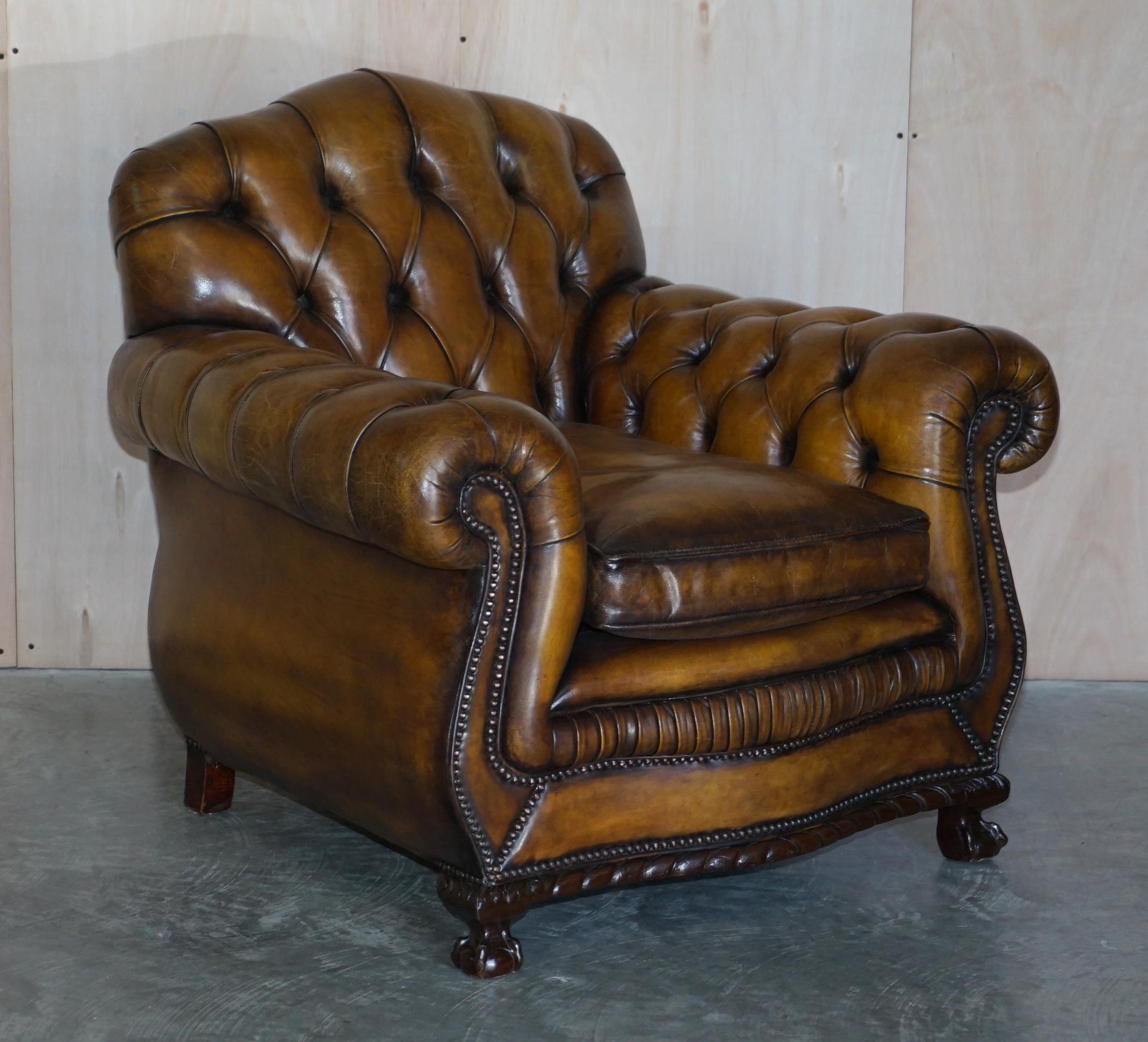 Antique Pair of Thomas Chippendale Style Chesterfield Brown Leather Armchairs For Sale 7