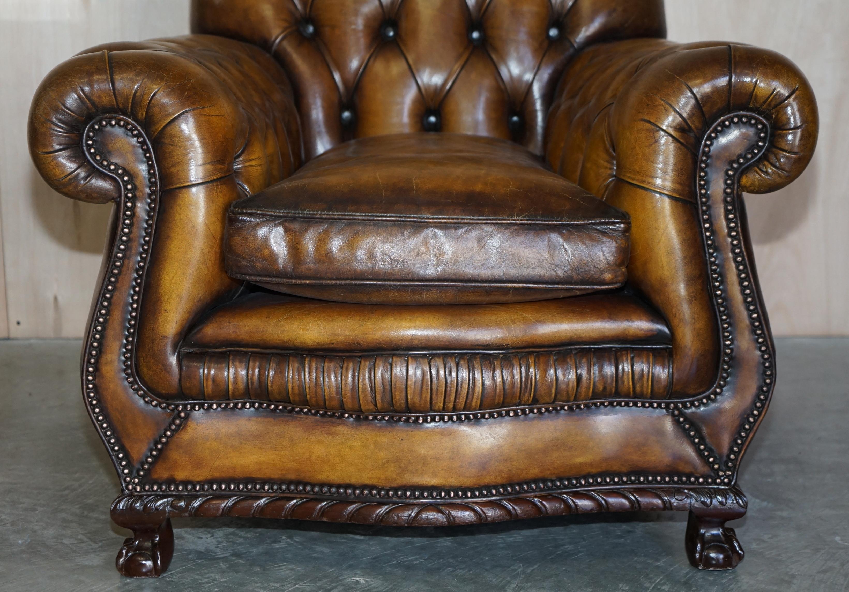 Antique Pair of Thomas Chippendale Style Chesterfield Brown Leather Armchairs For Sale 12