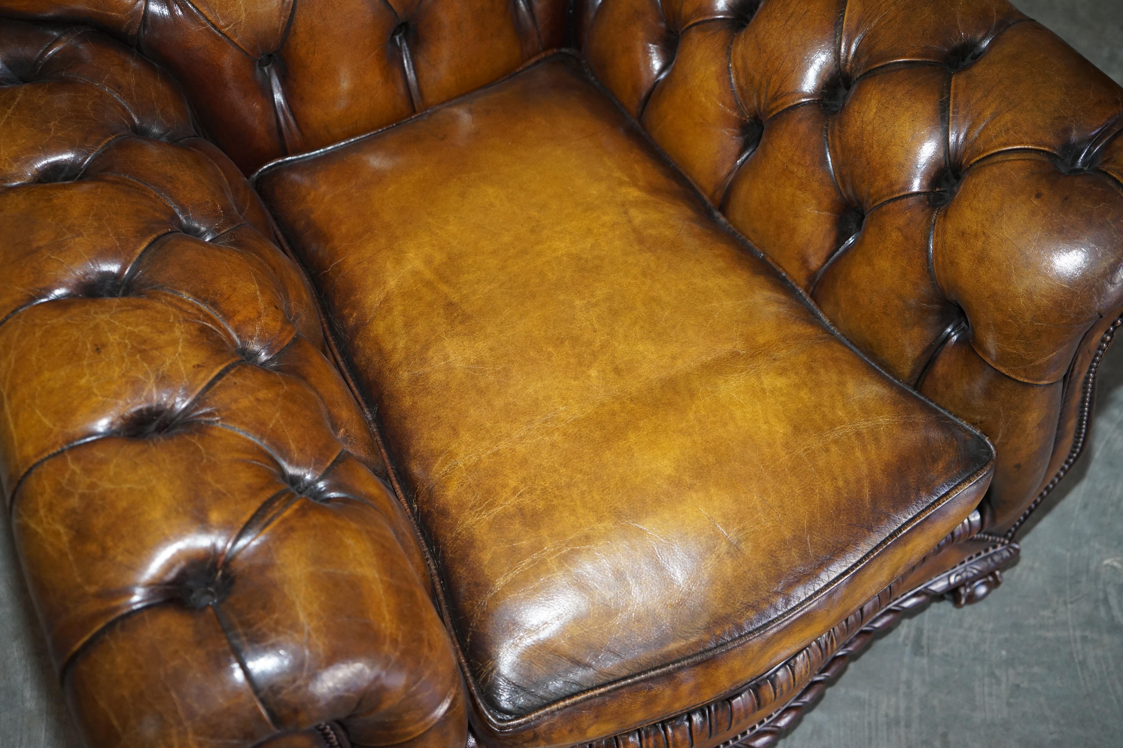 Hand-Crafted Antique Pair of Thomas Chippendale Style Chesterfield Brown Leather Armchairs For Sale