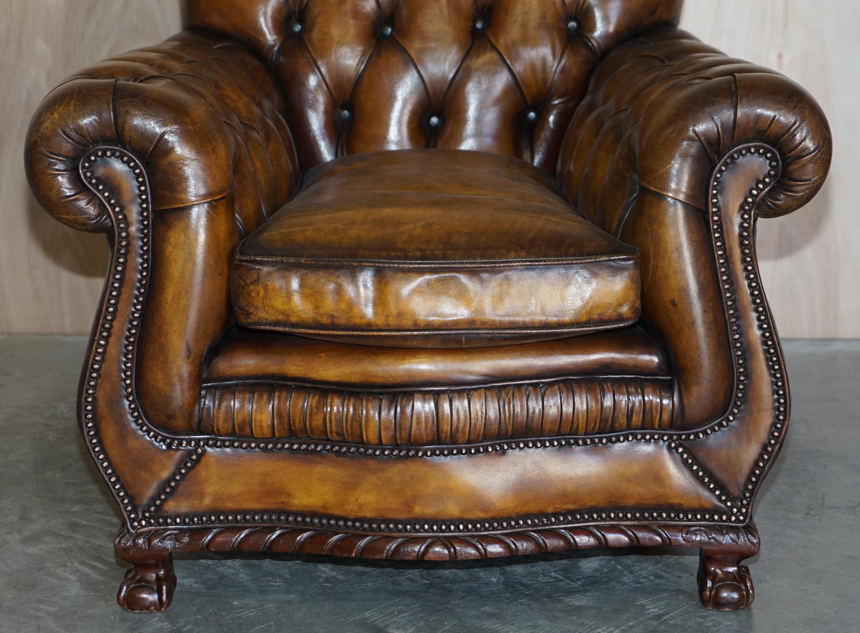19th Century Antique Pair of Thomas Chippendale Style Chesterfield Brown Leather Armchairs For Sale
