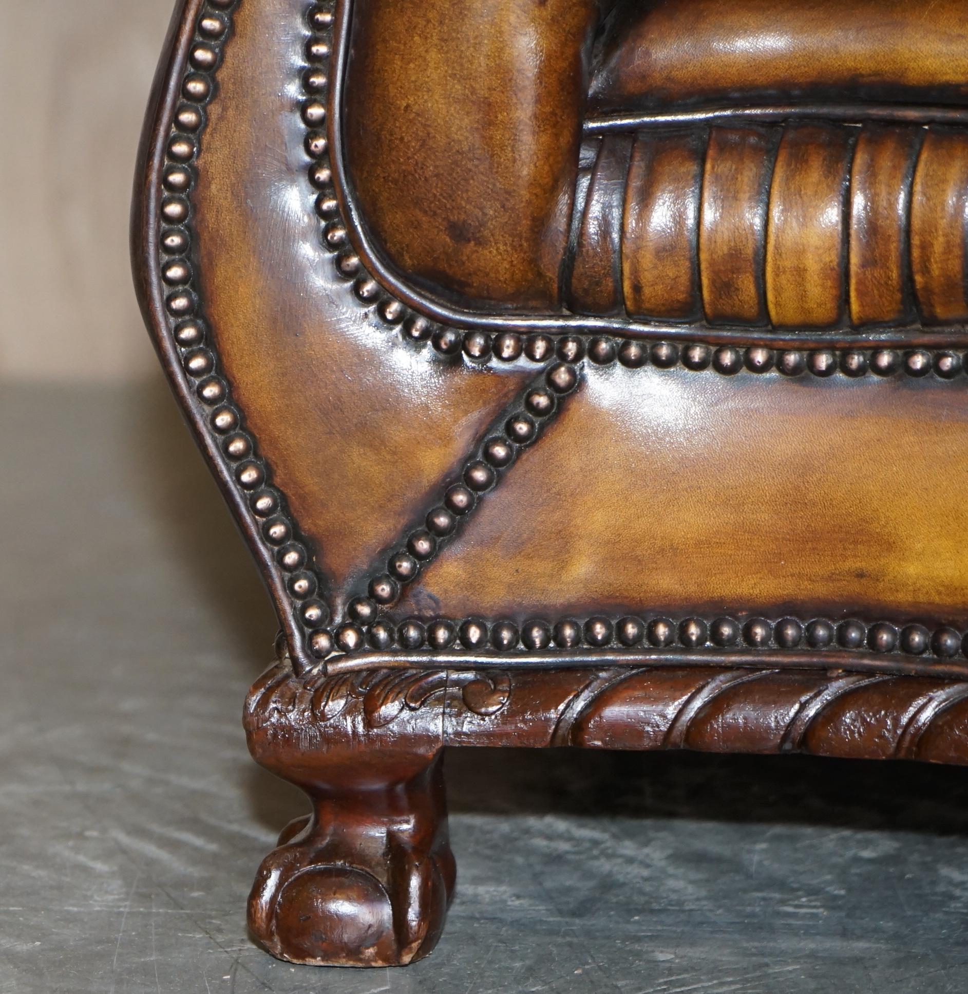 Antique Pair of Thomas Chippendale Style Chesterfield Brown Leather Armchairs For Sale 2