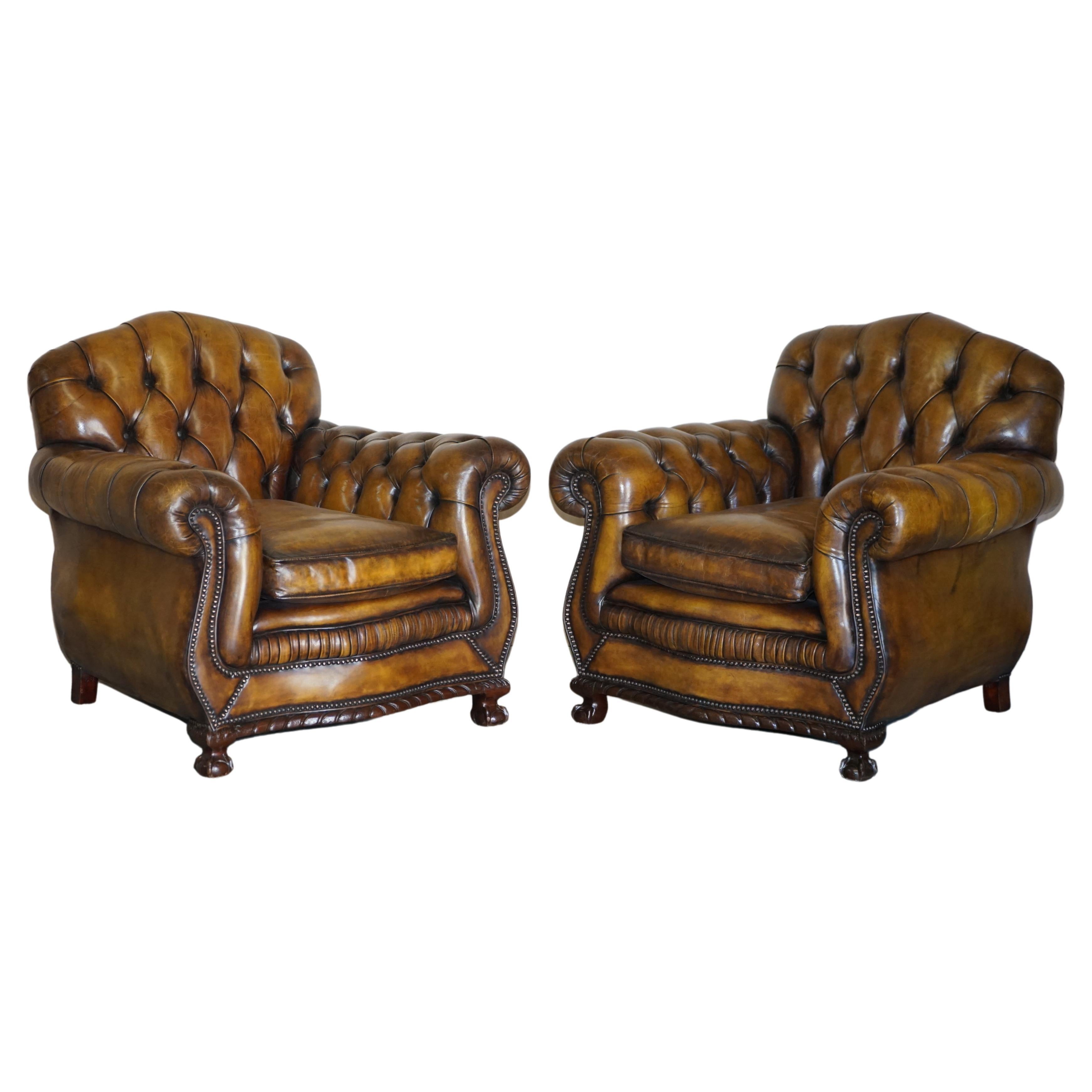 Antique Pair of Thomas Chippendale Style Chesterfield Brown Leather Armchairs
