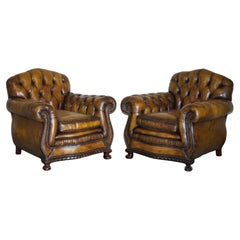 Antique Pair of Thomas Chippendale Style Chesterfield Brown Leather Armchairs