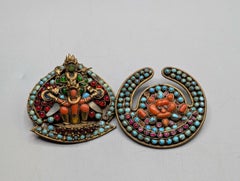 Antique Pair of Tibetan-Nepalese Gilt Crescent Brooches with Turquoise and Coral