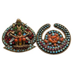Antique Pair of Tibetan-Nepalese Gilt Crescent Brooches with Turquoise and Coral