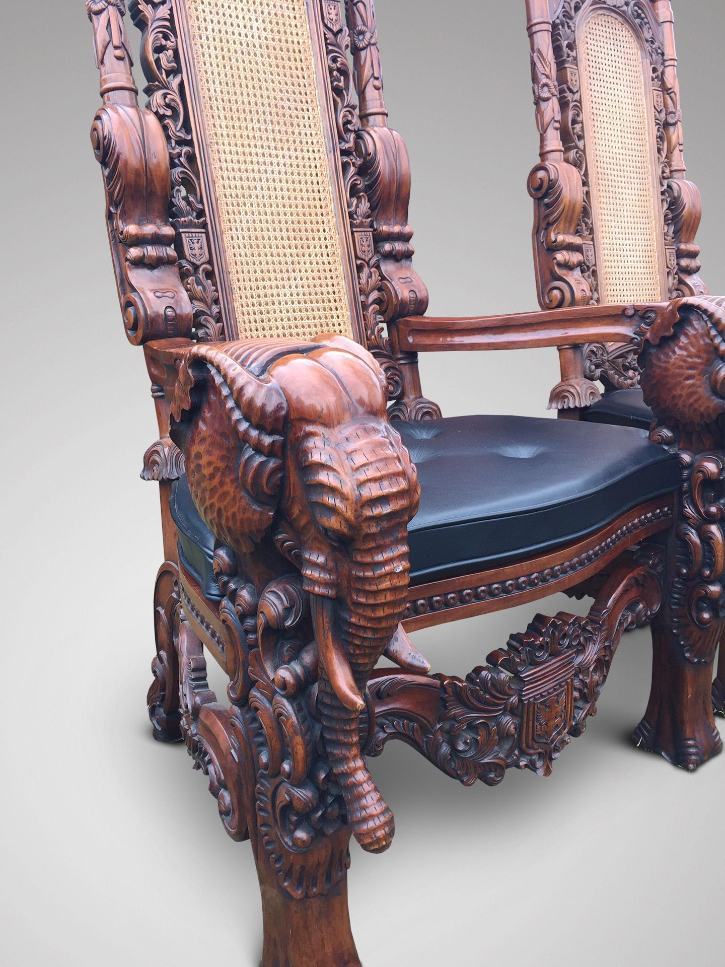 Anglo-Indian Antique Pair of Top Quality Large Pair of Carved Walnut Elephant Throne Chairs For Sale