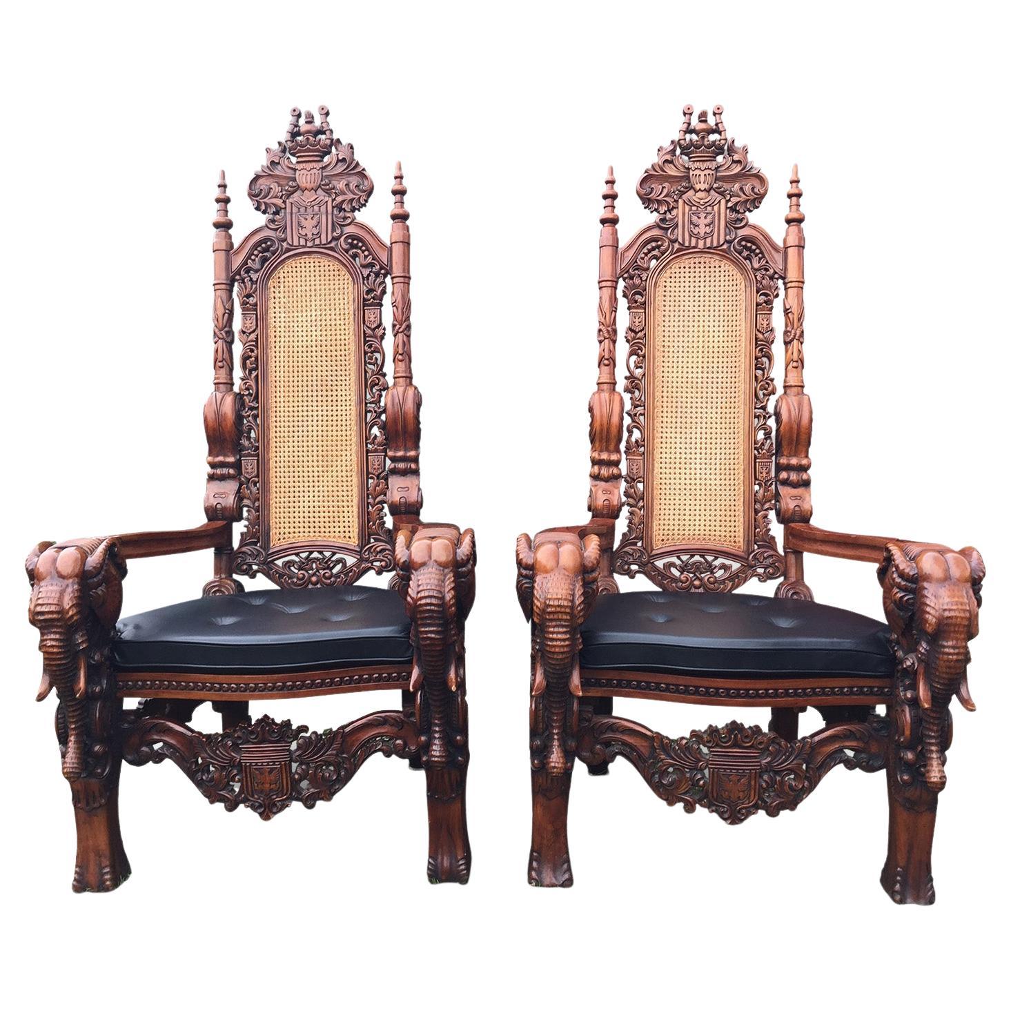 Antique Pair of Top Quality Large Pair of Carved Walnut Elephant Throne Chairs For Sale