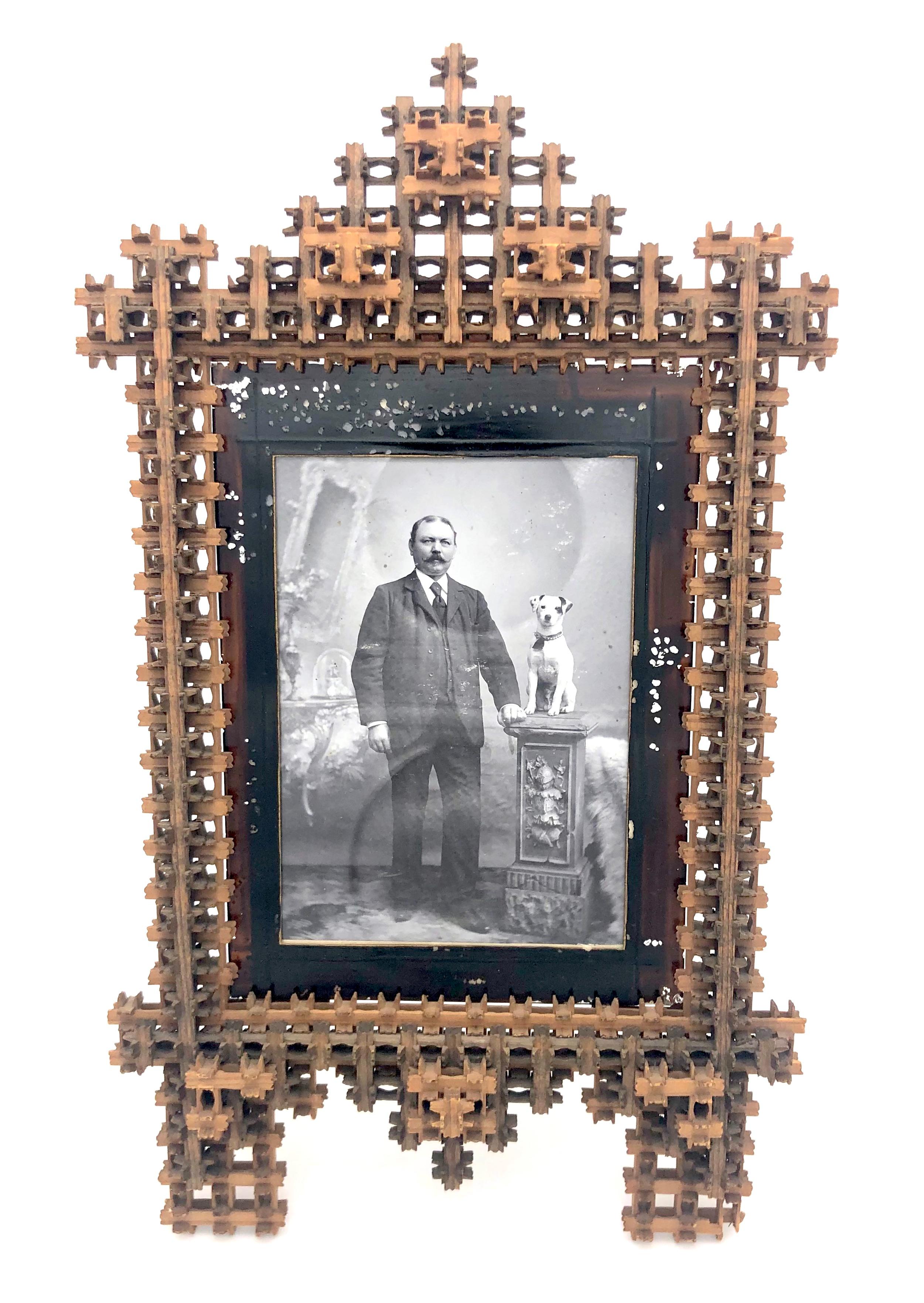Wood Antique Pair of Tramp Art Frames with Period Photographs