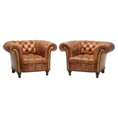 Antique Pair of Tufted Leather Chesterfield Club Chairs Padded with Horsehair