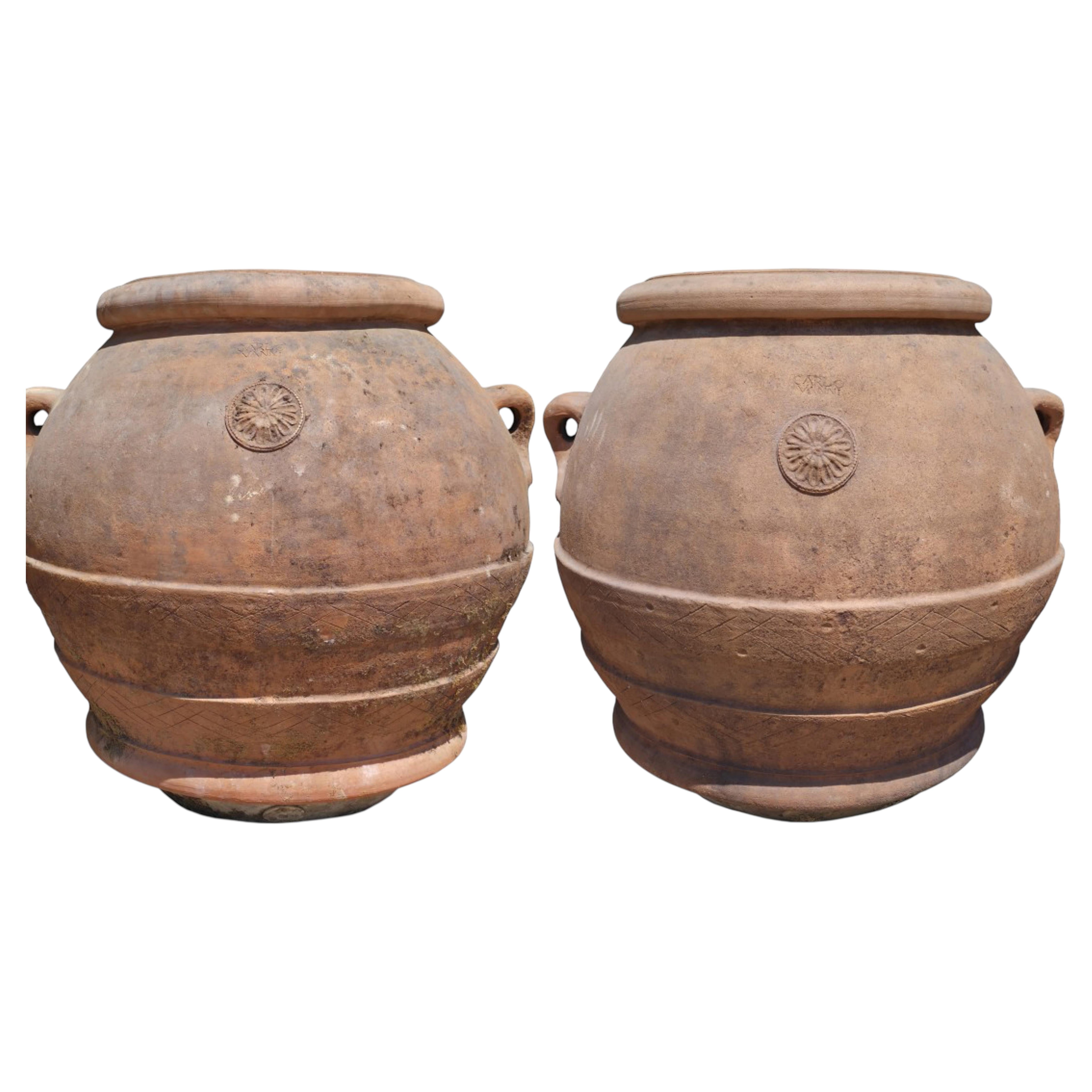 PAIRE D'ANCIENS JARS À HUILE TOSCANS, H 112 cm, PAR CARLO VANNI, IMPRUNETA, FLORENCE en vente