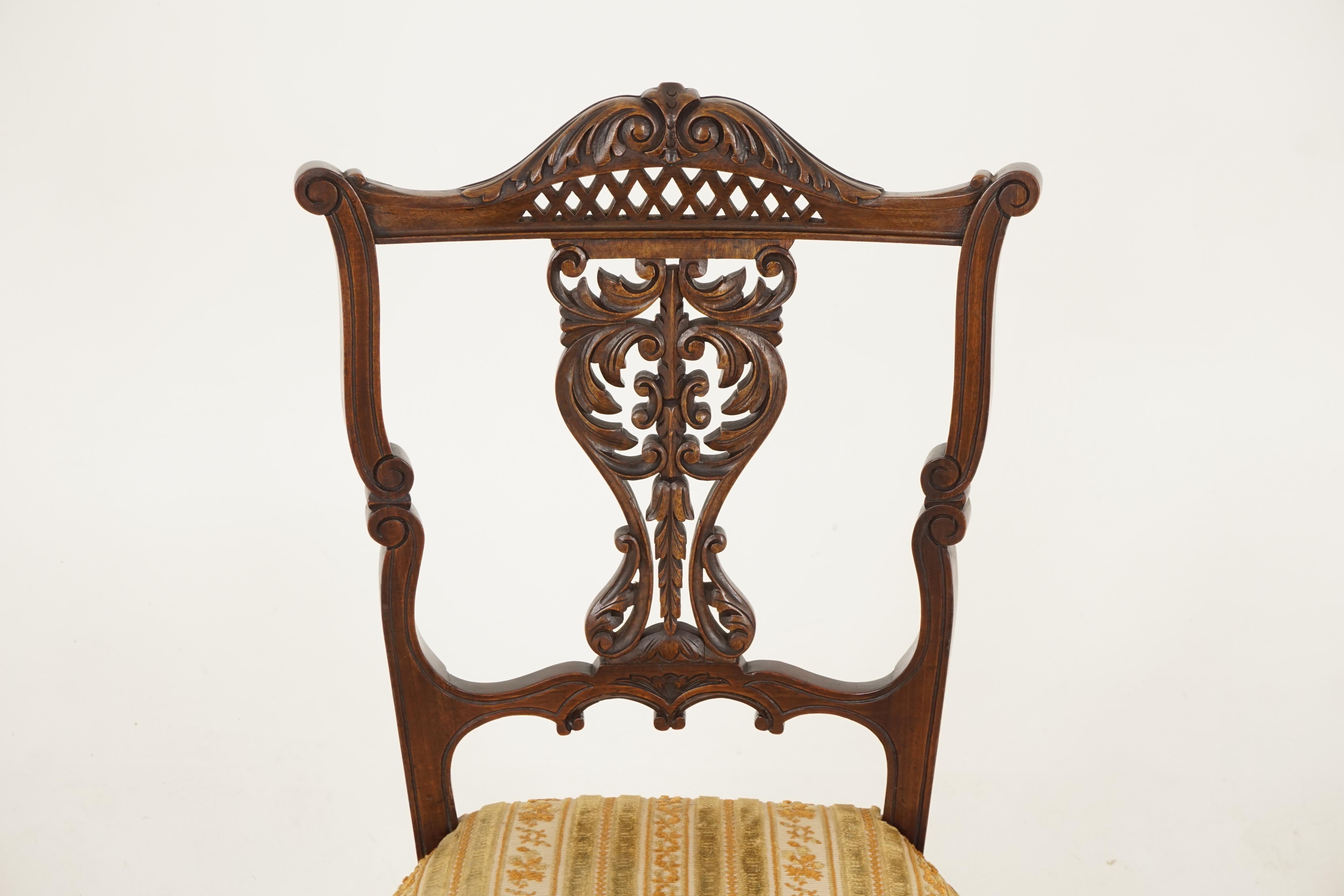 Hand-Crafted Antique Pair of Upholstered Walnut Parlour or Side Chairs Scotland, 1900