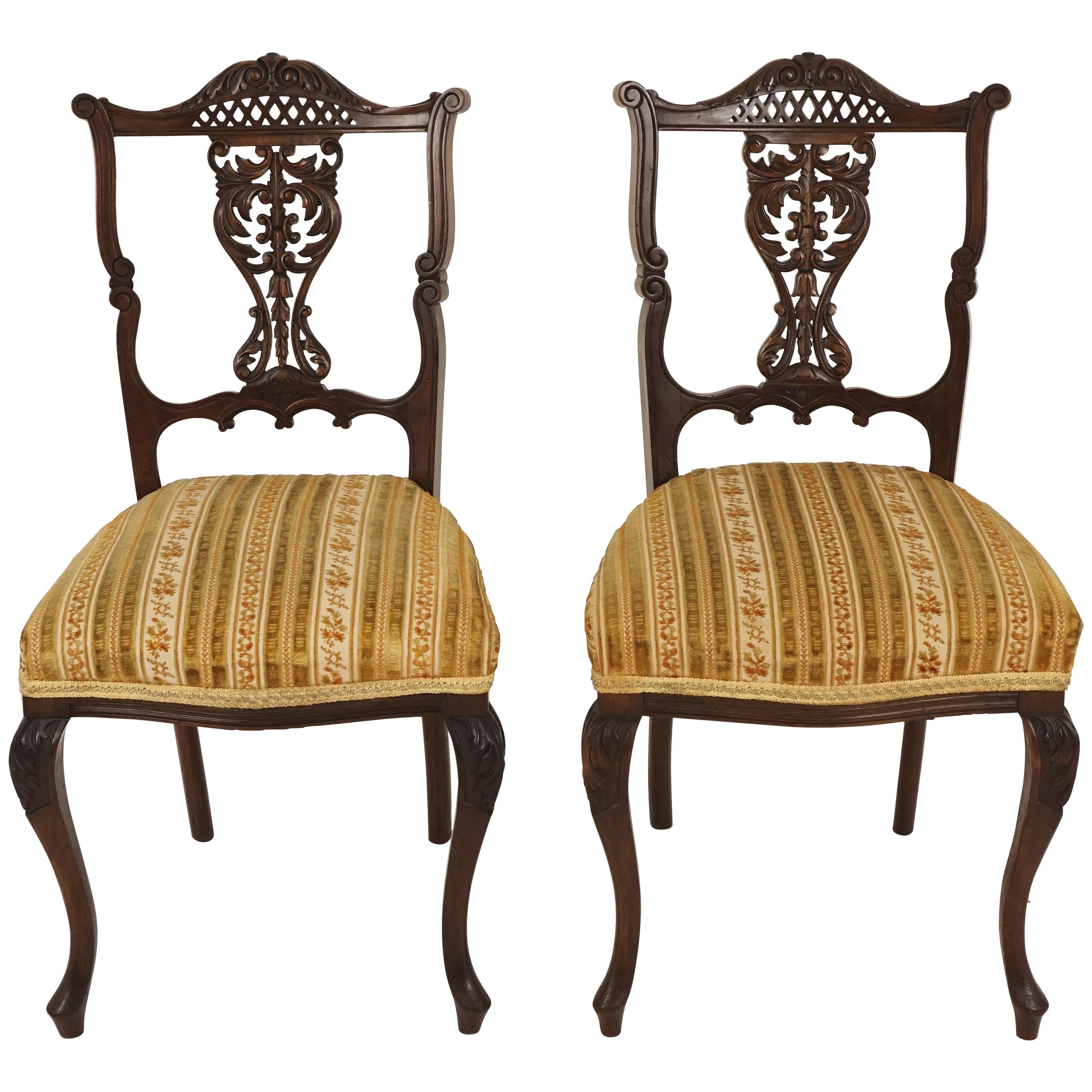 Antique Pair of Upholstered Walnut Parlour or Side Chairs Scotland, 1900
