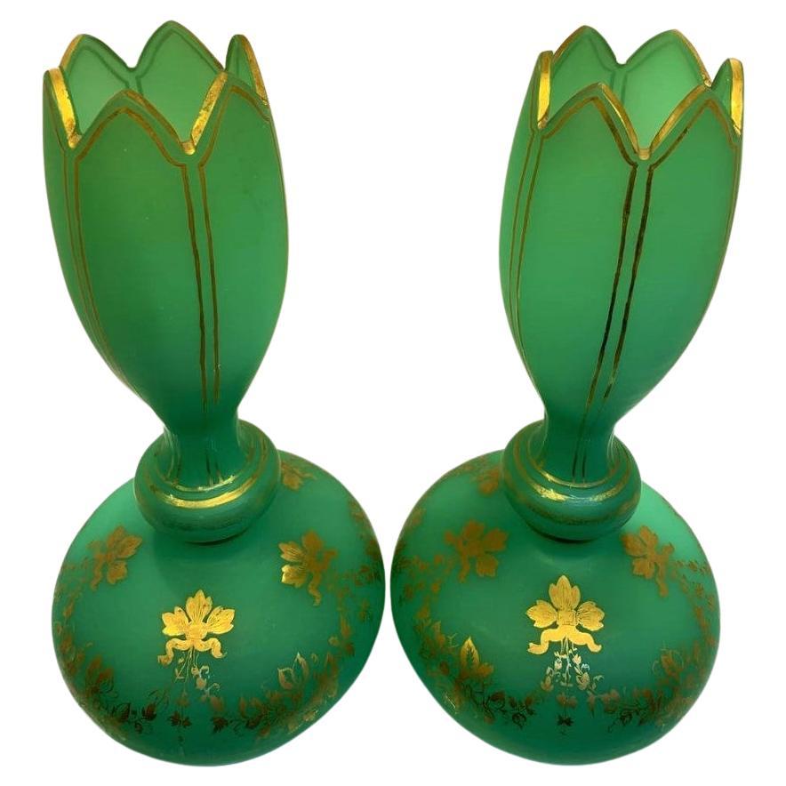 Lareg French pair of high quality green uranium opal glass vases
Gilding decoration on the rims and the body all around
France, 19th Century
35 cm high.
 