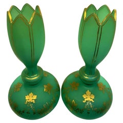 Antique Pair of Uranium Green Opaline Glass Vases, 19th Century
