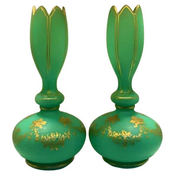 Antique Pair of Uranium Green Opaline Glass Vases, 19th Century