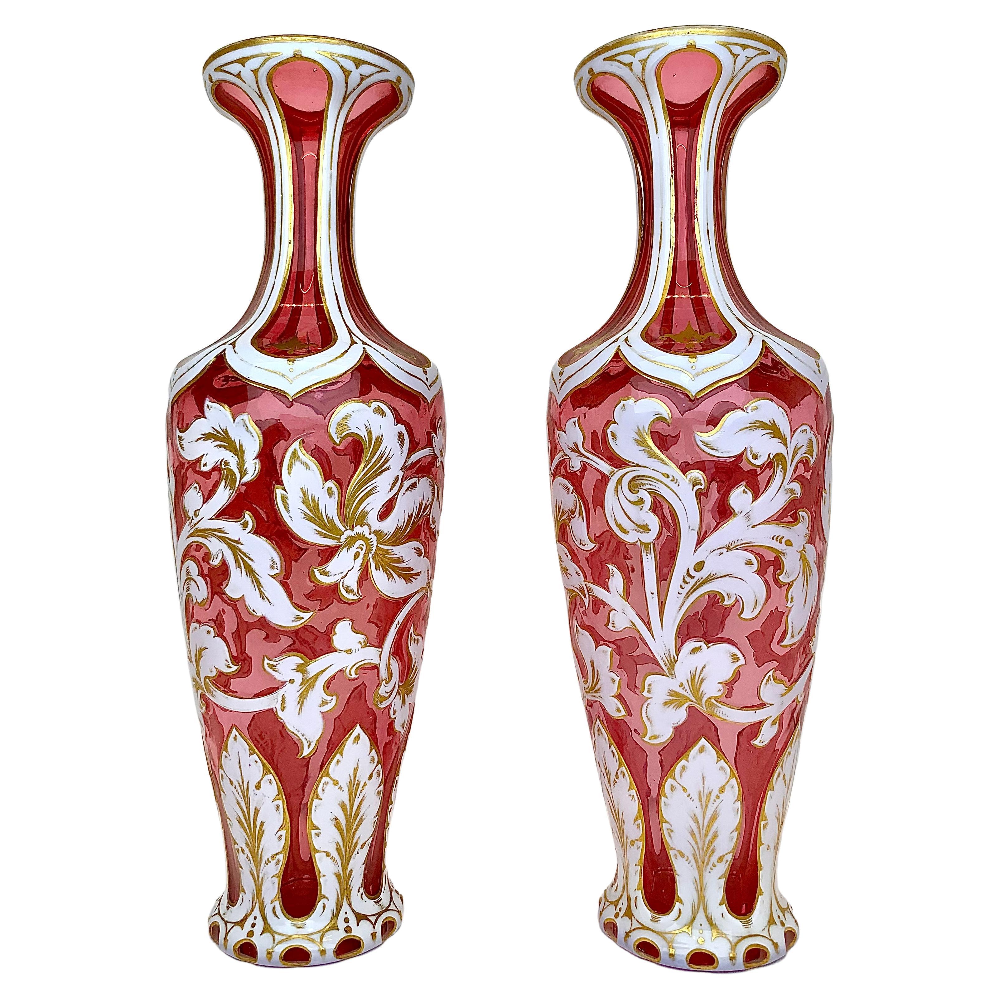 Enameled Antique Pair of Vases, Bohemian Cenaberry Overlay Glass, 19th Century