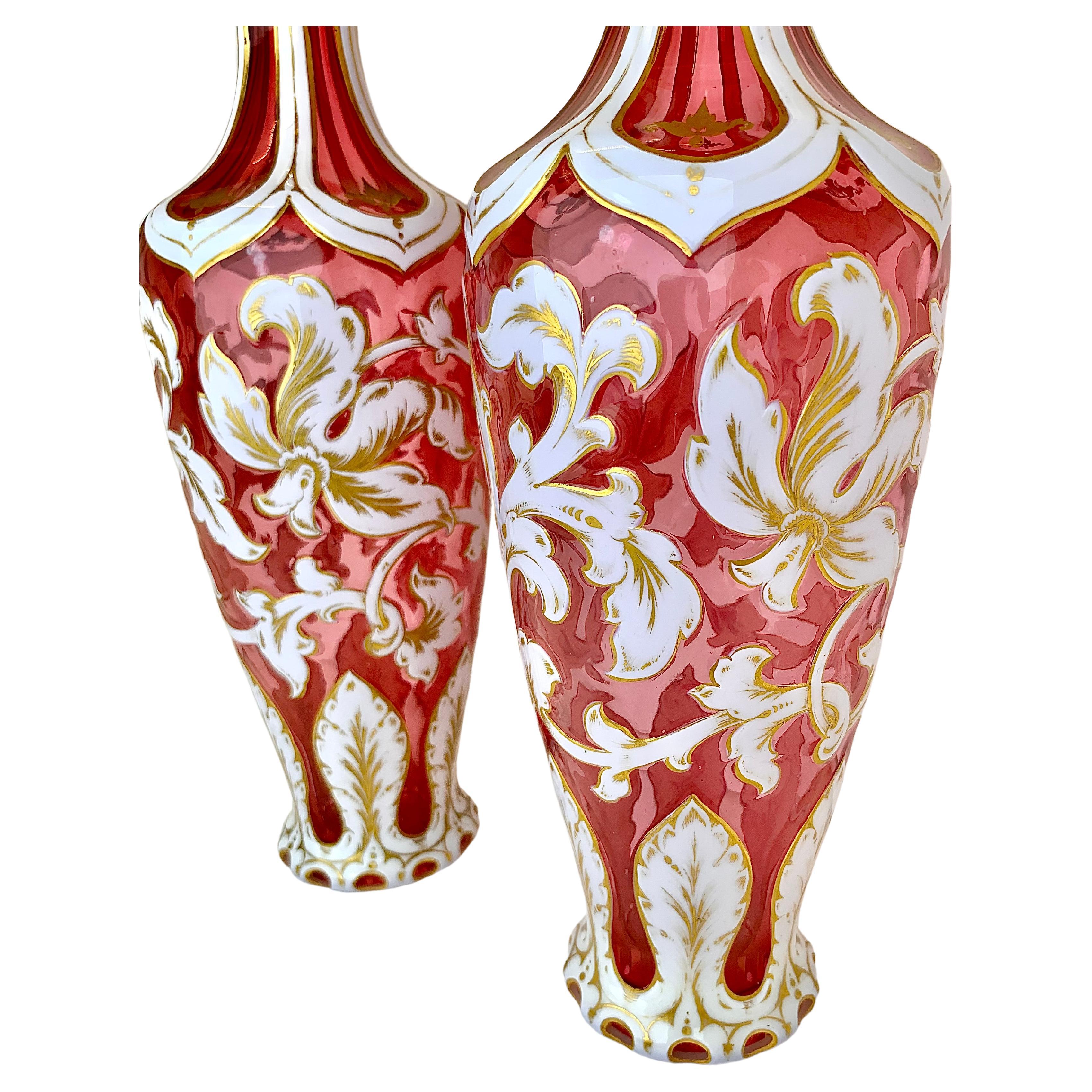 Antique Pair of Vases, Bohemian Cenaberry Overlay Glass, 19th Century 1
