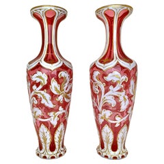 Antique Pair of Vases, Bohemian Cenaberry Overlay Glass, 19th Century