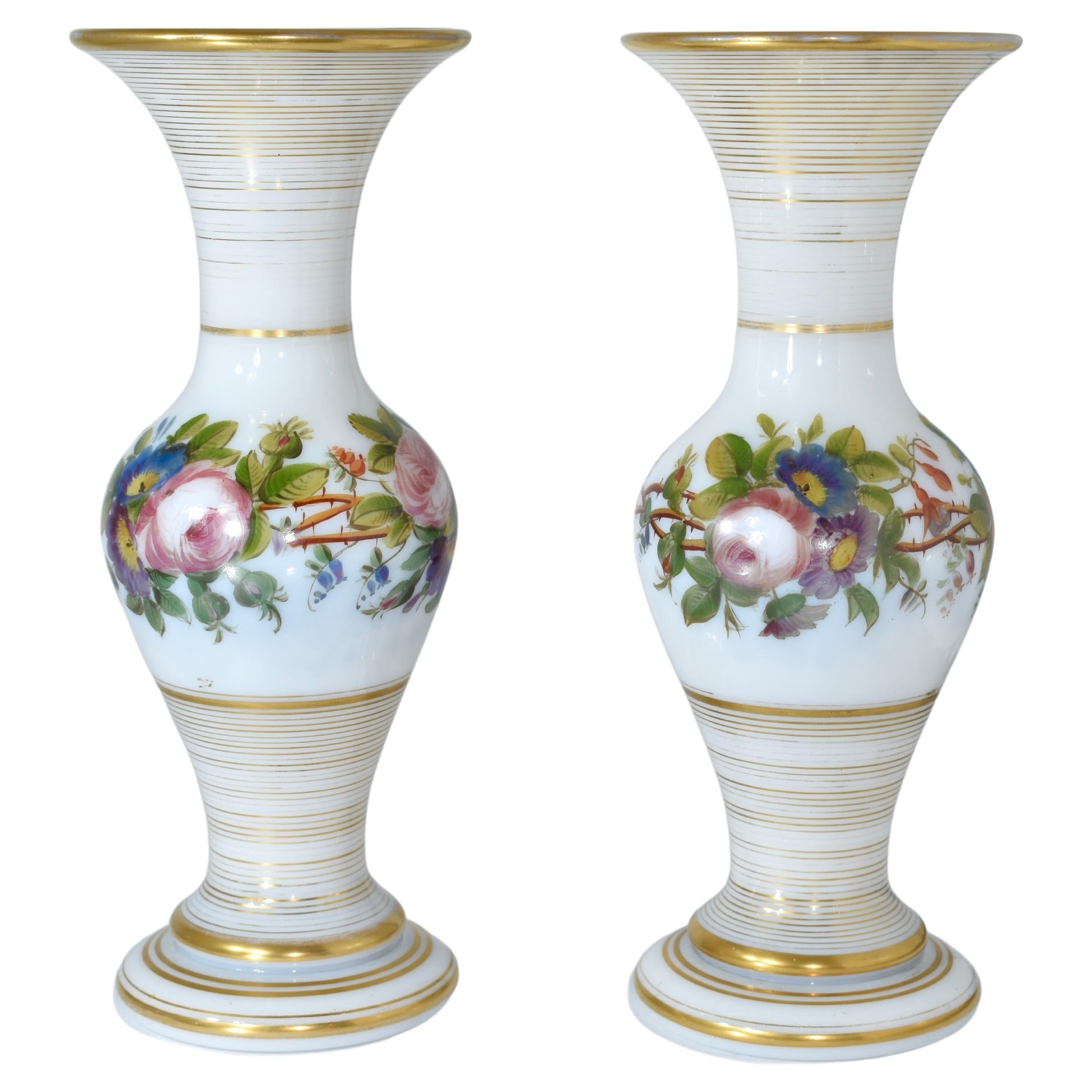 Hand-Painted Antique Pair of Vases, French Opaline by Baccarat, 19th Century For Sale