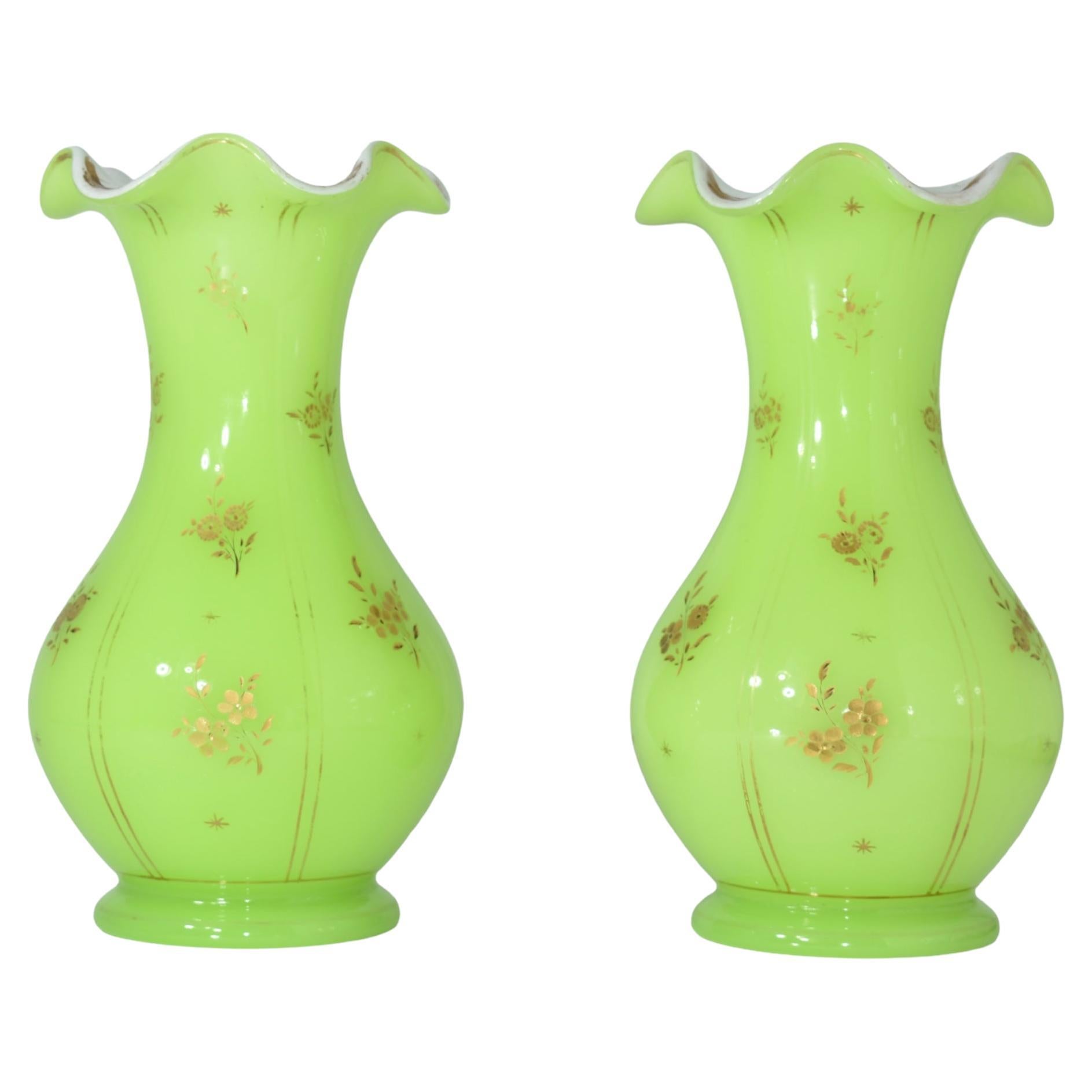 Stunning Pai of Double Opaline Glass Vases Vases

Milky White Opaline Galss with Uranium Green Overlay

Decorated all Around with Gilding Highlights and Flowers

France, 19th century.