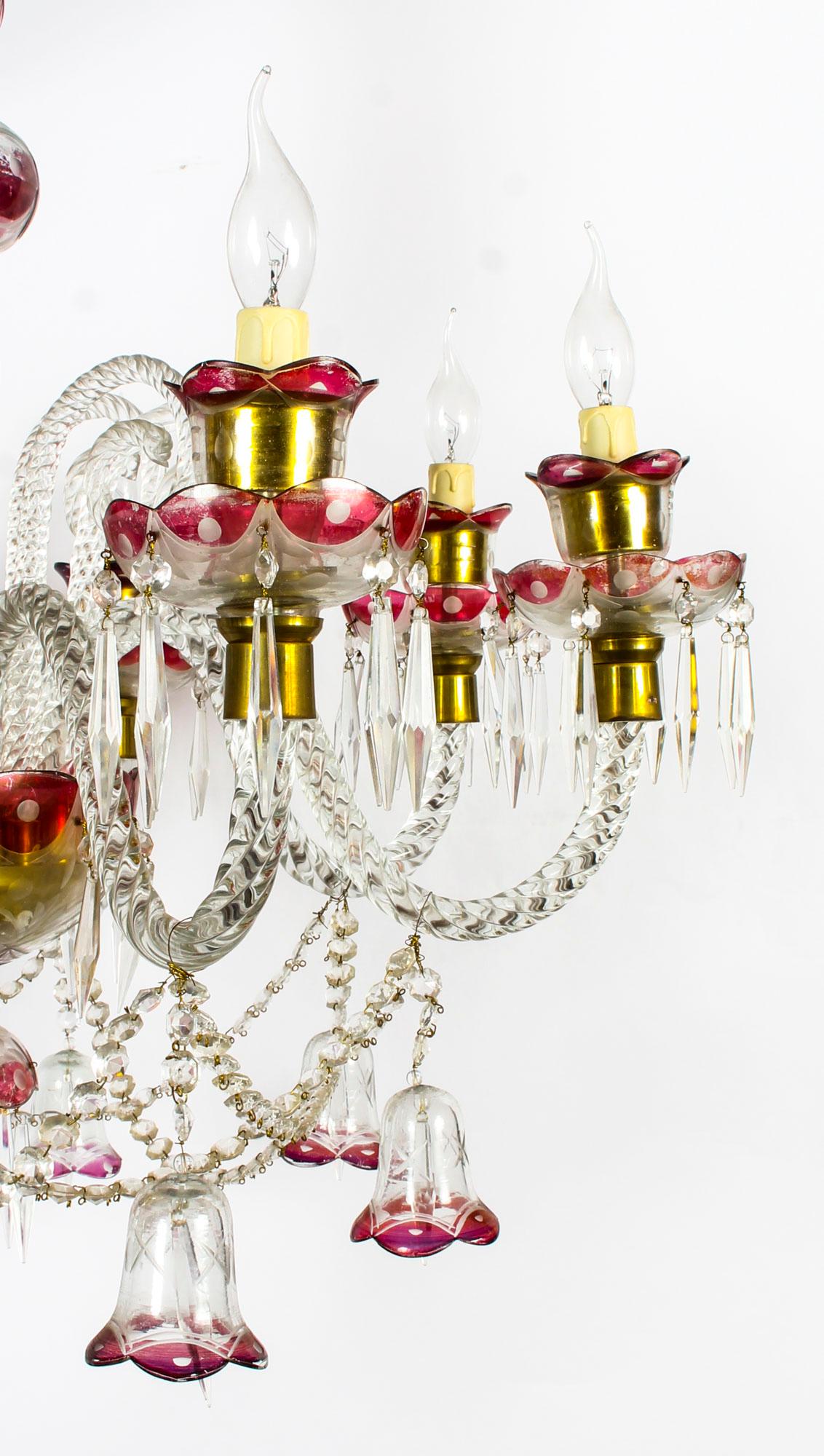 Pair of Venetian 8-Light Crystal Cranberry Chandeliers, Early 20th Century 6