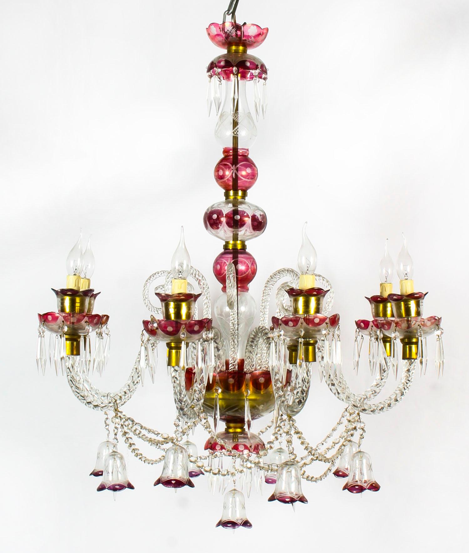 Pair of Venetian 8-Light Crystal Cranberry Chandeliers, Early 20th Century 7