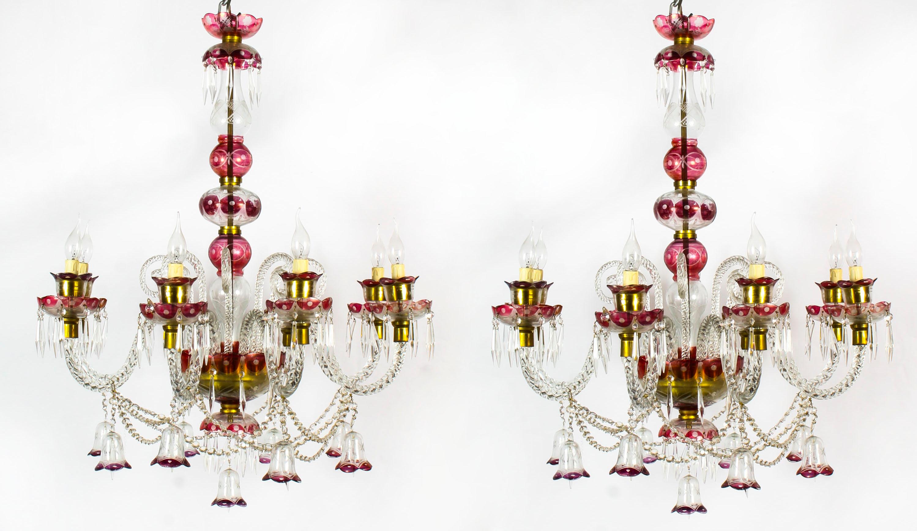 Pair of Venetian 8-Light Crystal Cranberry Chandeliers, Early 20th Century 8