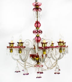 Pair of Venetian 8-Light Crystal Cranberry Chandeliers, Early 20th Century