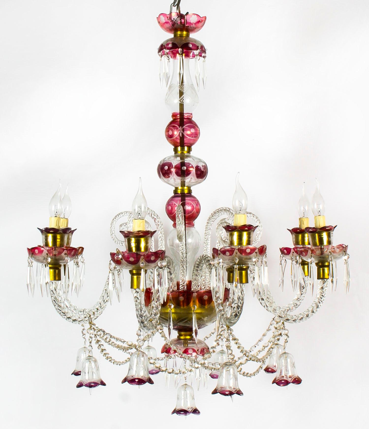 Italian Pair of Venetian 8-Light Crystal Cranberry Chandeliers, Early 20th Century