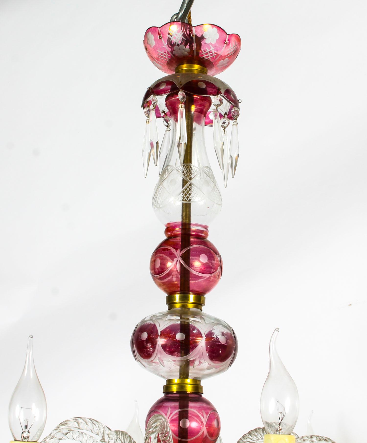 Pair of Venetian 8-Light Crystal Cranberry Chandeliers, Early 20th Century In Good Condition In London, GB