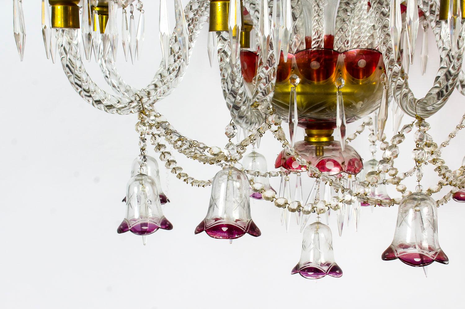Pair of Venetian 8-Light Crystal Cranberry Chandeliers, Early 20th Century 4