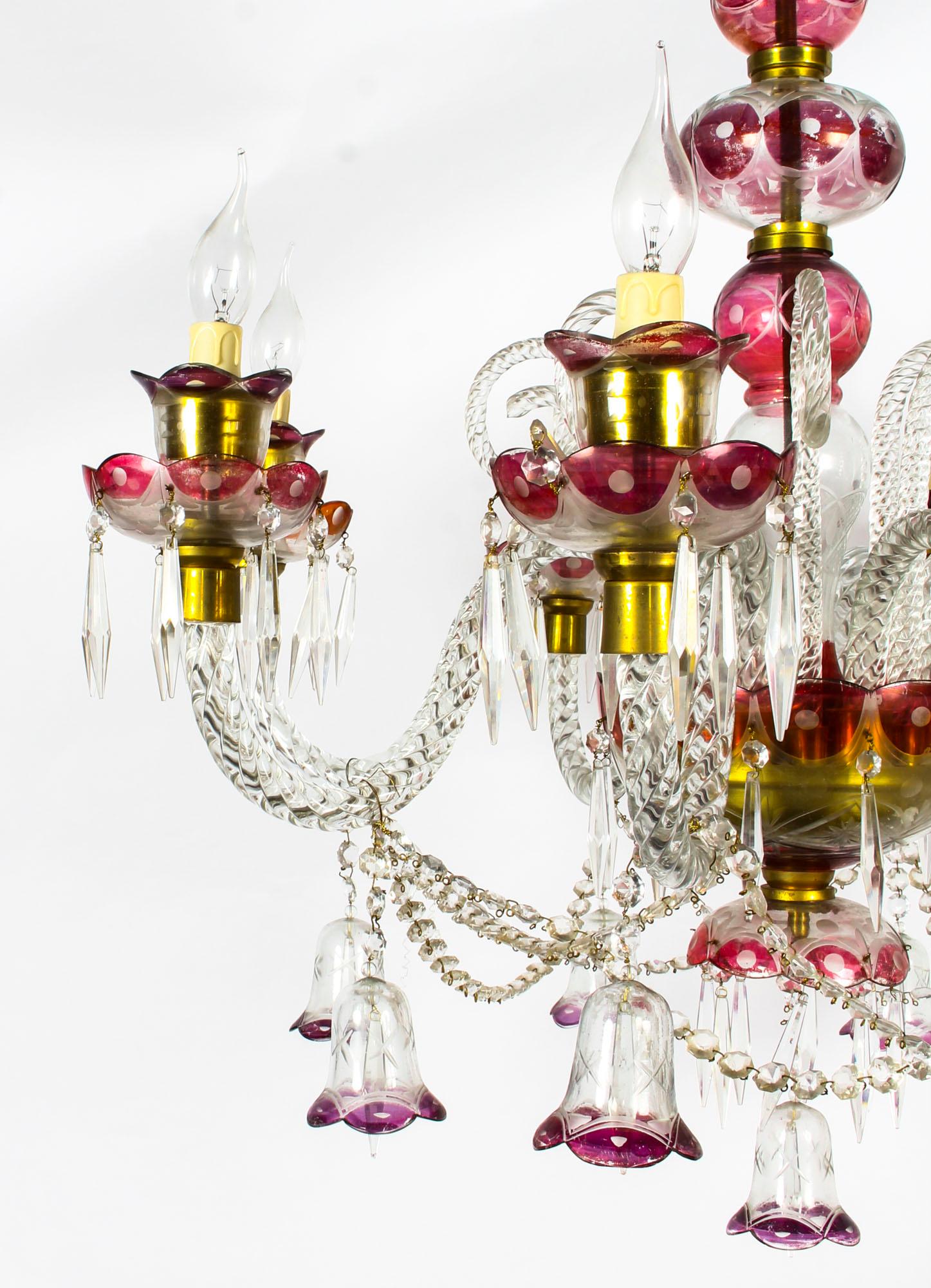 Pair of Venetian 8-Light Crystal Cranberry Chandeliers, Early 20th Century 5