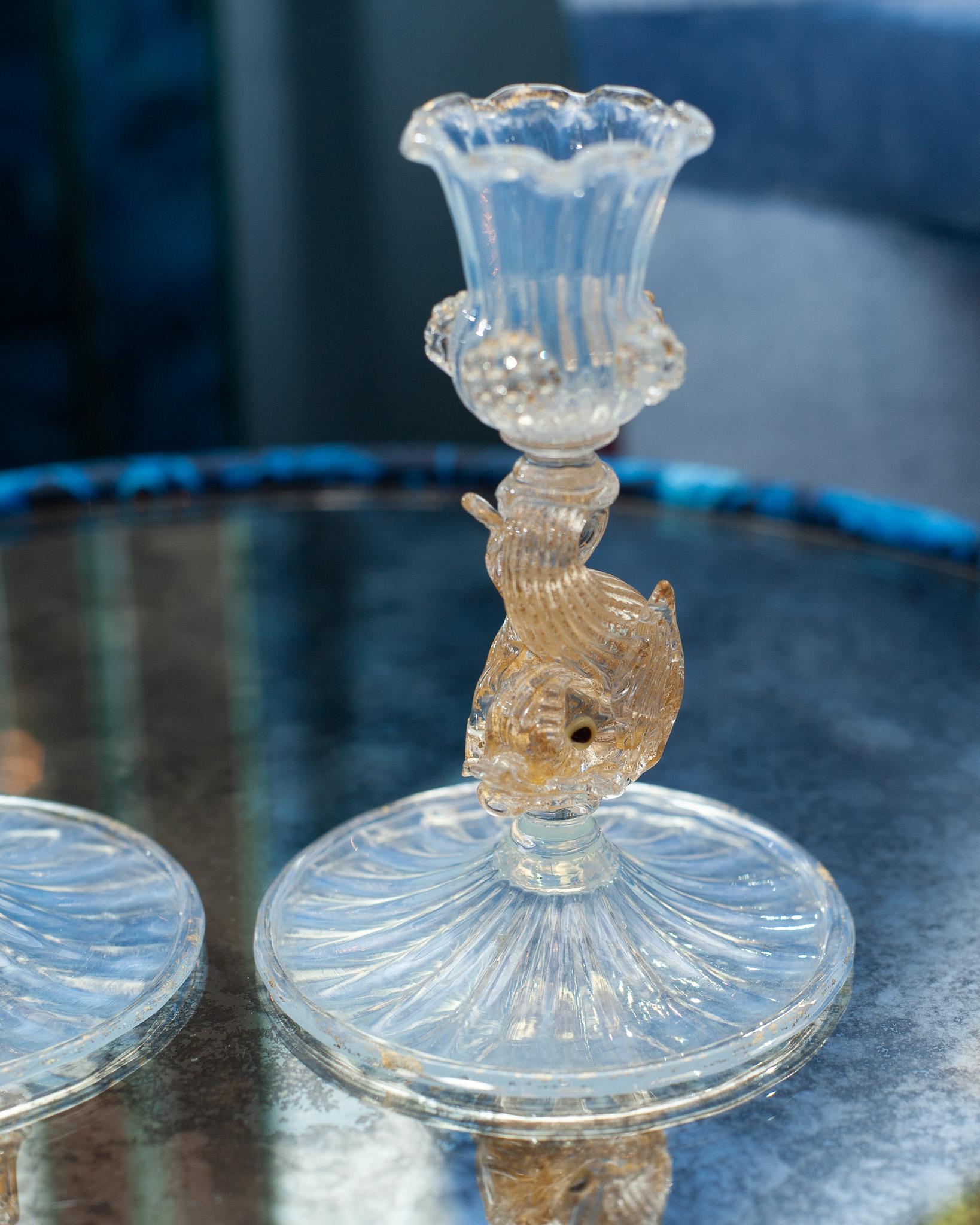 Gilt Antique Pair of Venetian Candlesticks in Opalescent Glass with Dolphin Motif For Sale