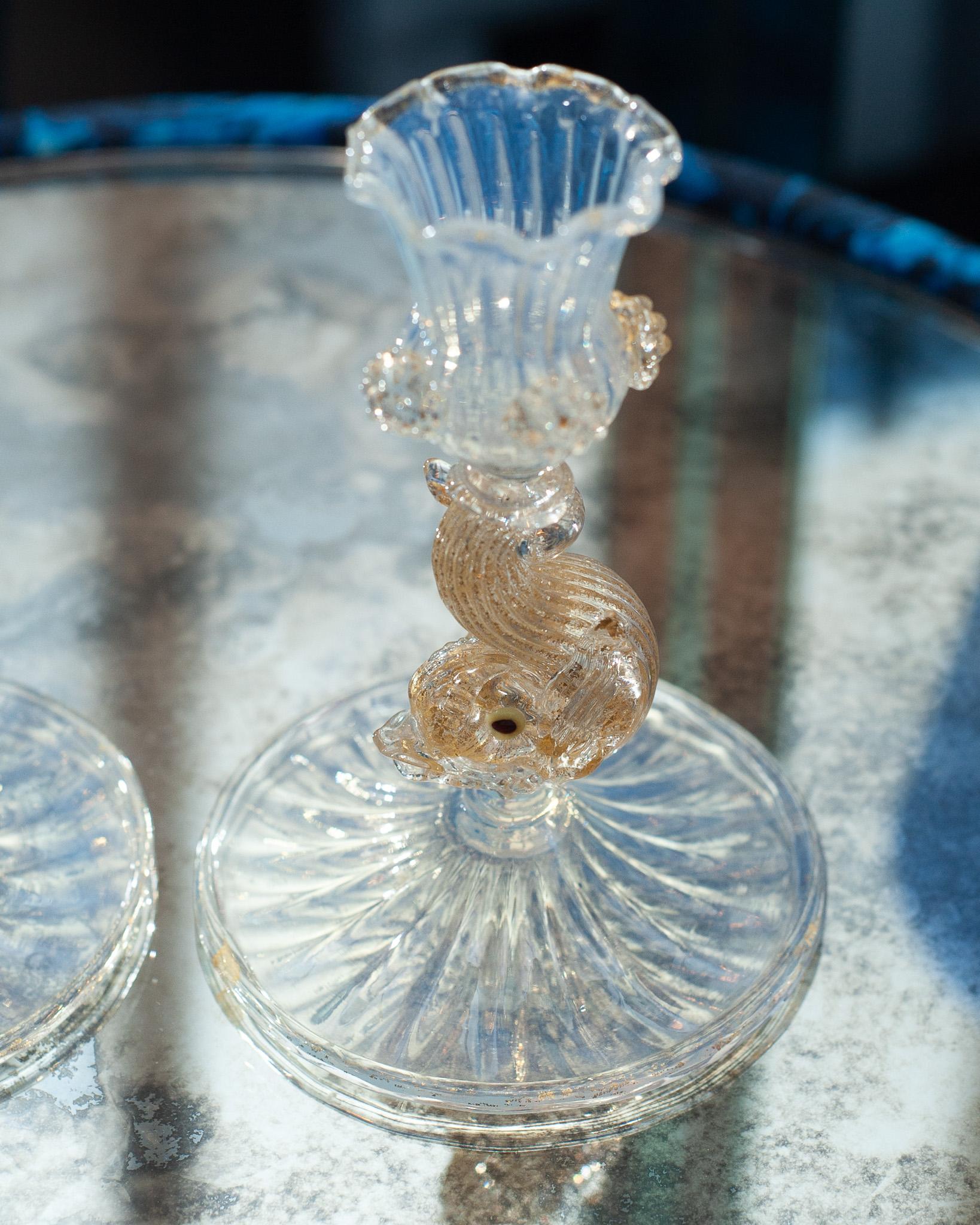 Antique Pair of Venetian Candlesticks in Opalescent Glass with Dolphin Motif In Good Condition For Sale In Toronto, ON