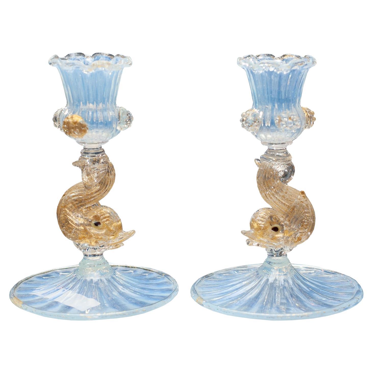 Antique Pair of Venetian Candlesticks in Opalescent Glass with Dolphin Motif For Sale