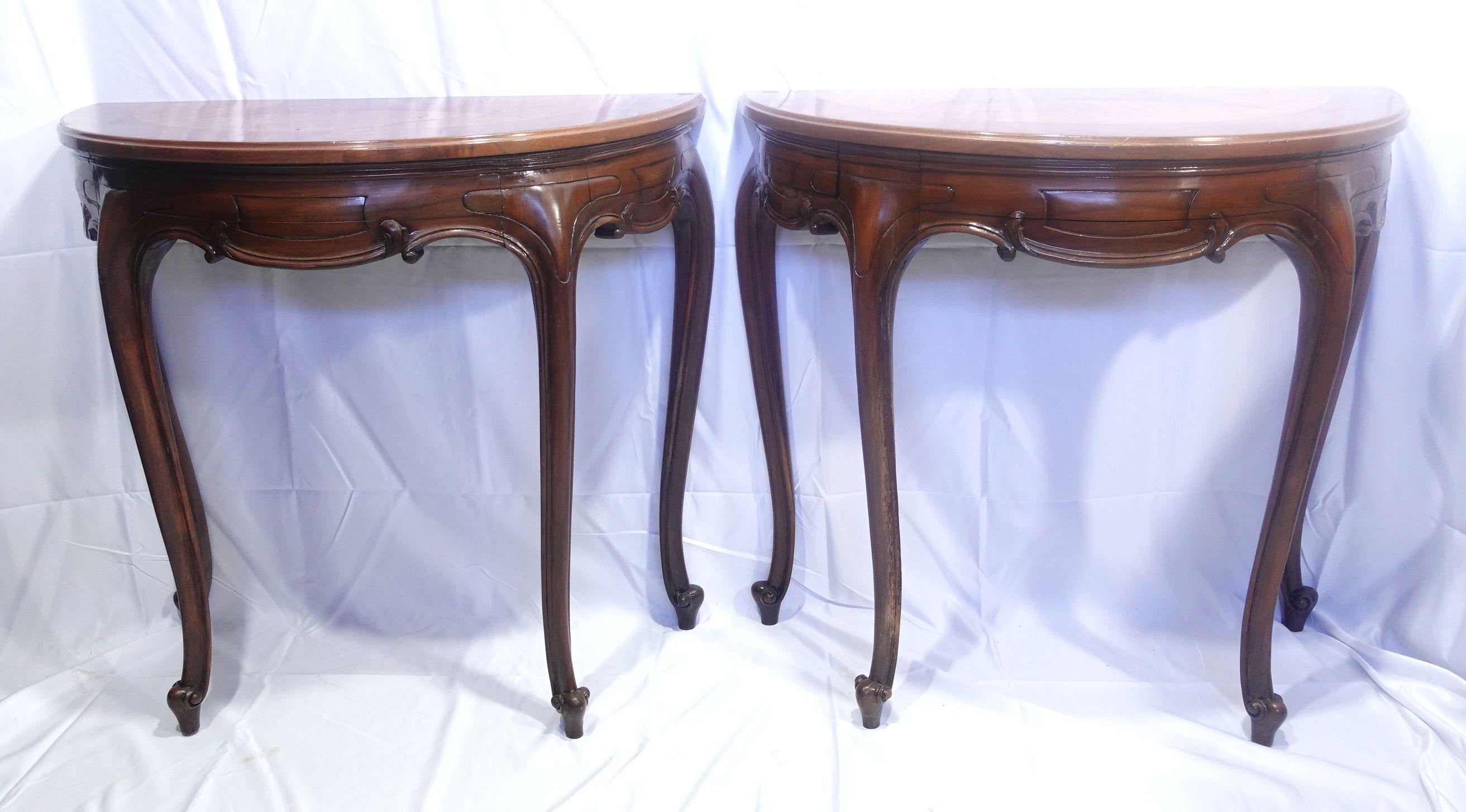 Antique A Pair of Venetian Demilune Console Tables with inlay patterns, 19th Century 
Single: 30
