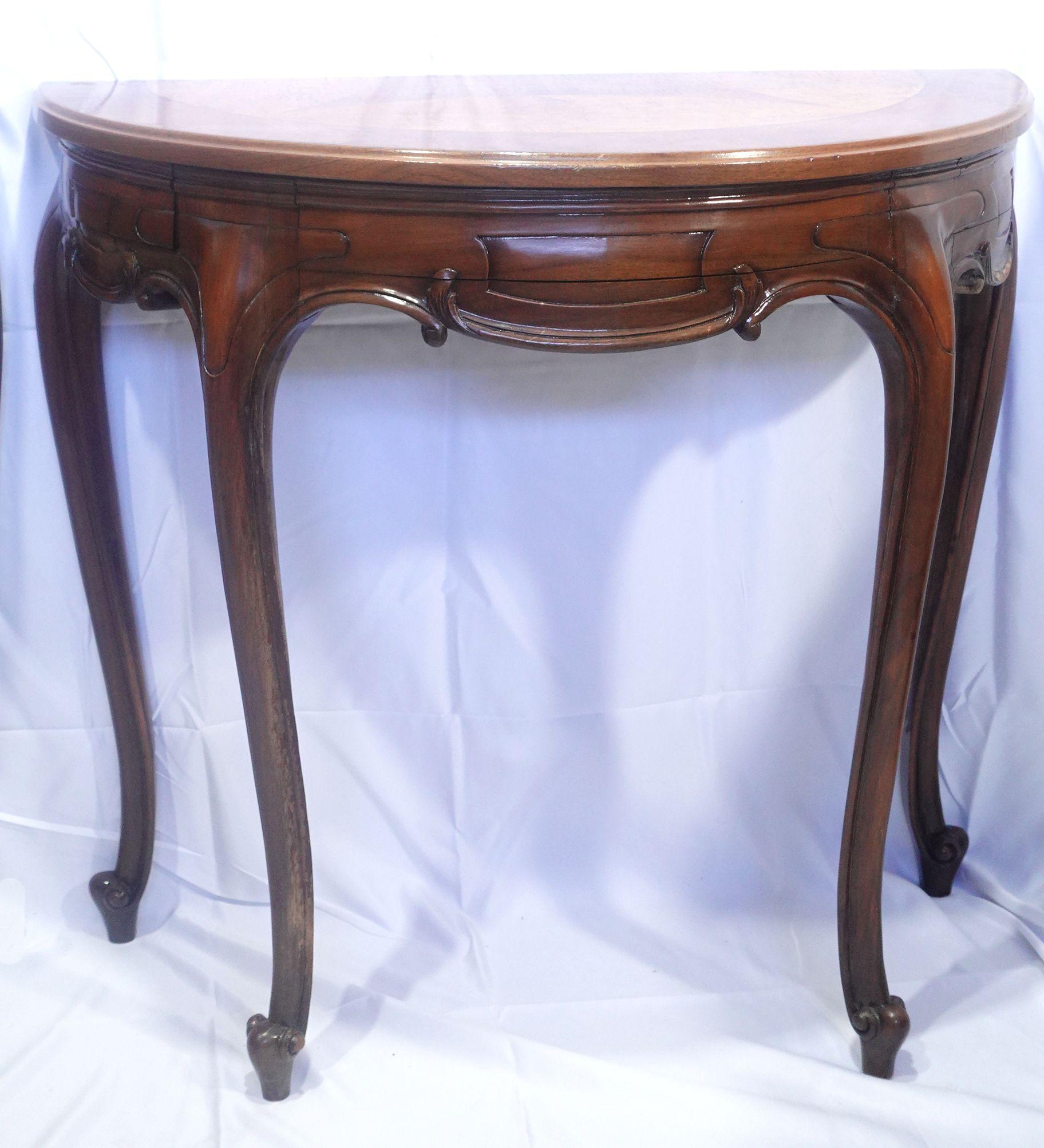 Hand-Carved Antique Pair of Venetian Demilune Console Tables, 19th Century For Sale